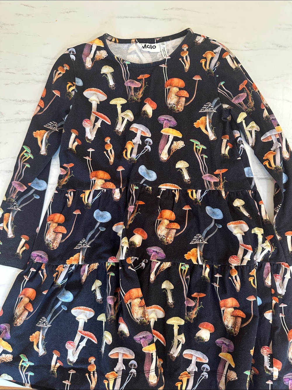 Molo Black Dress with Multicolor Mushroom Print. Size 7/8